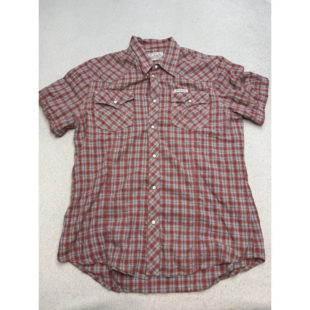 True Religion Shirt Mens 2XL Red Plaid Short Sleeve Western Pearl Snap Pockets